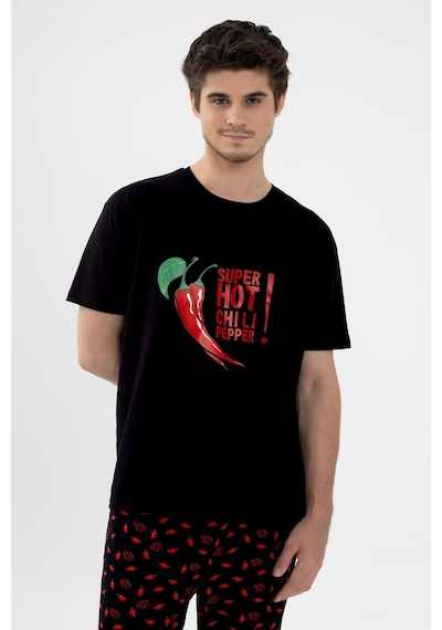 Erkek Pamuklu Kısa Kollu Chilli Baskılı Cep Detaylı Pijama Takımı Ke30101.34 Kırmızı - Siyah