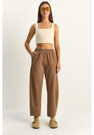 Shade Kadın Beli Lastikli Cep Detaylı Havuç Kesim Keten Pantolon 7750 60286110 - Cappuccino