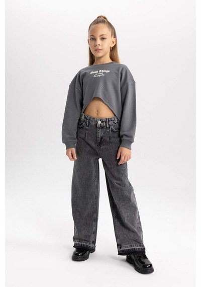 Defacto Kız Çocuk Baskılı Crop Bisiklet Yaka  Sweatshirt Askılı Atlet 2'li Takım B2517A823WNGR449 Gri