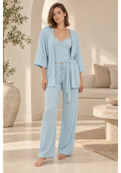 Loule Kadın Su Yeşili Çizgili Pamuk Sabahlıklı Pijama Takımı