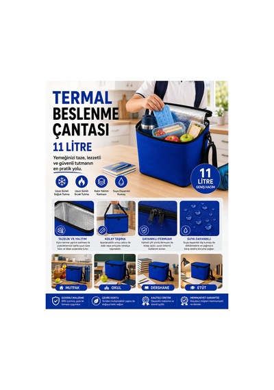 11 Litre Termal Beslenme Çantası Isı Yalıtımlı Sıcak Soğuk Tutucu Termos Yemek Taşıma Okul Piknik Kamp Çantası-mavi .
