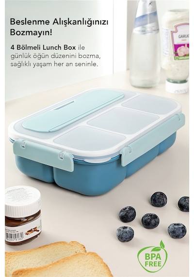 Sızdırmaz Contalı Yemek Kabı - 4 Bölmeli Çatal Kaşıklı Diyet Beslenme Kutusu Lunch Box Mavi MAvi