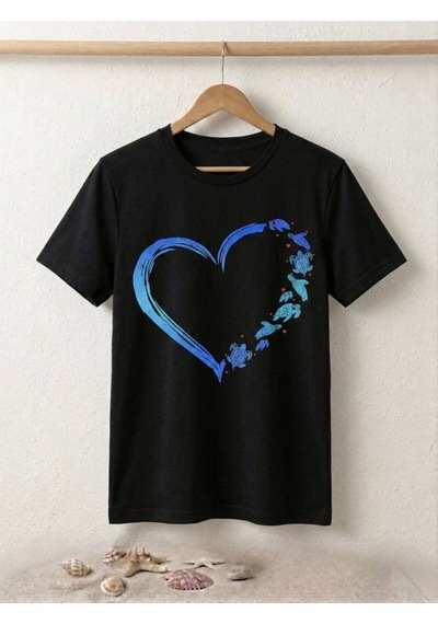 Mavi Kalp Baskılı Kompak T-shirt Siyah