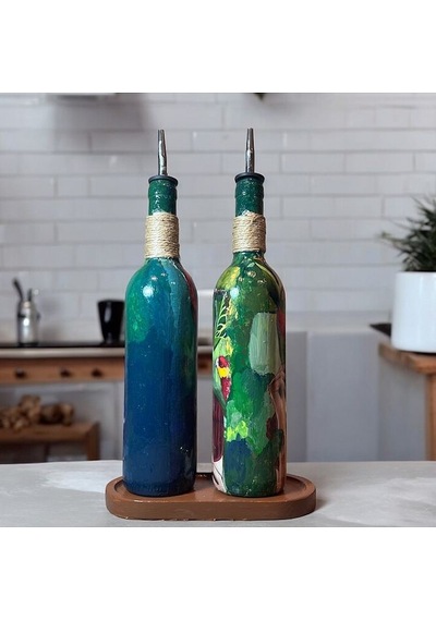 Özel Tasarım 750 Ml Zeytinyağı Sıvıyağ Şişesi Yağdanlık Yağlık Sirkelik Sosluk 2'li Set, Dekor Çok Renkli