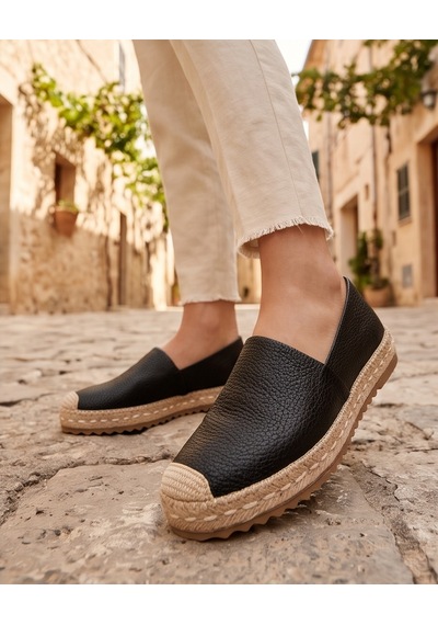 Futsishoes Lucıa Siyah Hakiki Floter Deri Dikiş Detaylı Kadın Espadril