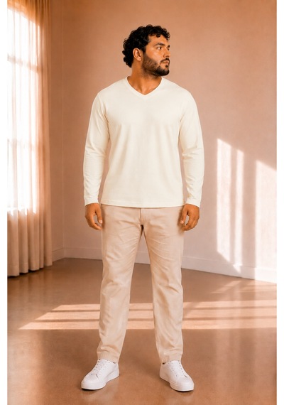 Sngl Tekstil Erkek Uzun Kollu İnterlok V Yaka Oversize Sweatshirt S-m-l-xl-2xl Ekru
