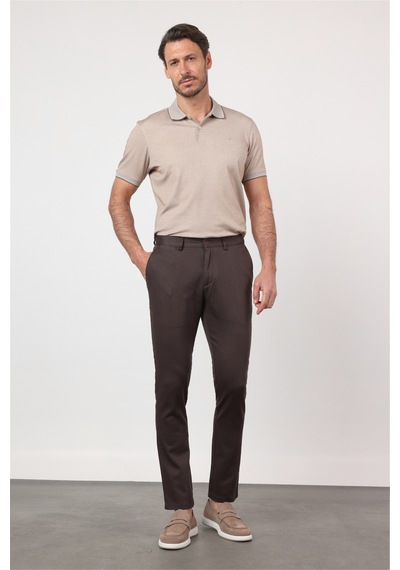 İmza Kahverengi Yan Cep Düz Paça Armürlü Slim Fit Pamuklu Chino Pantolon 1003260161