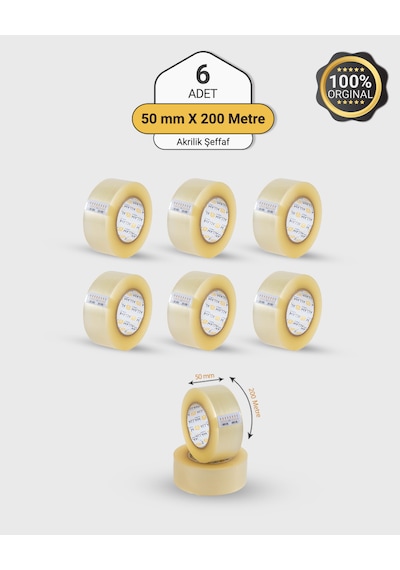 6 Adet Akrilik Şeffaf Koli Bandı 50mm X 200mt Güçlü Yapışkan