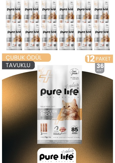 Purelife Plus Stick Tavuk Etli Kedi Ödül Çubukları 12 x 15 G