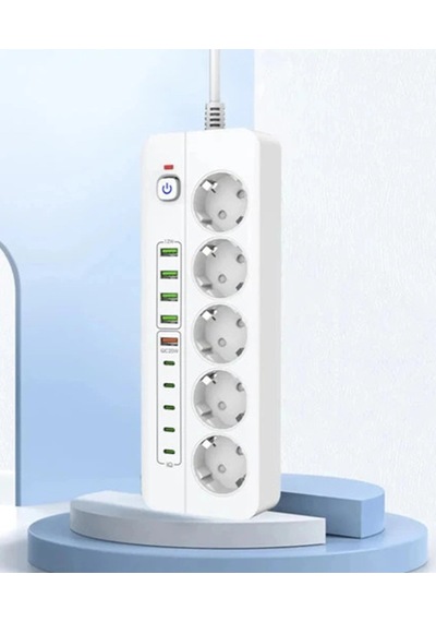 3500w Akım Korumalı 5 Li Grup Priz: 5x Usb + 5x Type-c Çıkışlı 2 Metre 1
