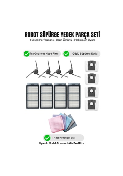 Dreame L40s Pro Ultra İle Uyumlu 4 Yan Fırça 4 Filtre 4 Toz Torbası 1 Temizlik Bezi 14.0