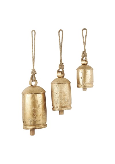 Dekoratif Metal İnek Çanı, Tibet Esintili, Meditasyon, Asmak İçin Jüt Halatlı, 3 Adet, 25,4 Cm, 20,3 Cm, 15,2 Cm Yüksekliğinde, Altın Rengi
