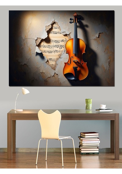 Duvar İçinde Keman Sanat Tablosu Dekoratif Kanvas - Mdf Ahşap Tablo