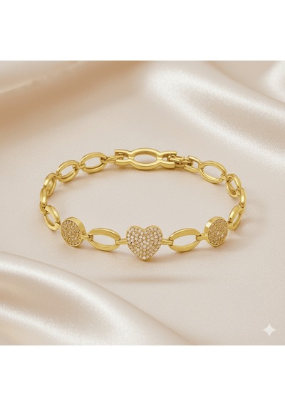 Tesbihane Kadın Tam Tur Xuping Bileklik - Diamond Cut Model - Kalp Detaylı - Beyaz Zirkon Taşlı - Altın Renk