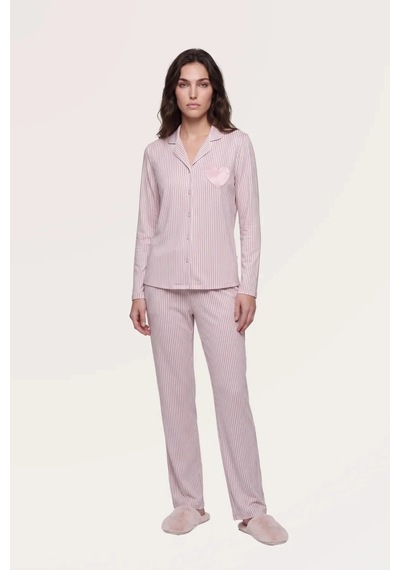 Angbutik Pjs 30145 Kadın Uzun Kol Çizgili Pijama Takımı Pudra