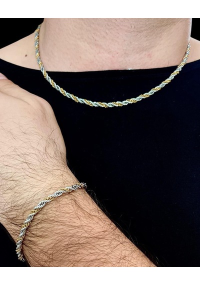 Tamamı Saf Çelik Burgu Arası Zincir Model Erkek Kolye Bileklik Altın - Beyaz
