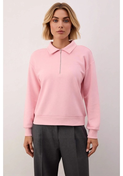 Benerly Kadın Polo Yaka Düşük Kol Fermuarlı Regular Kalıp Örme Sweatshirt Açık Pembe