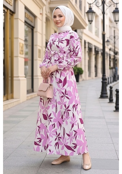 Bestenur Zerya Desenli Keten Elbise 1718 - Pembe