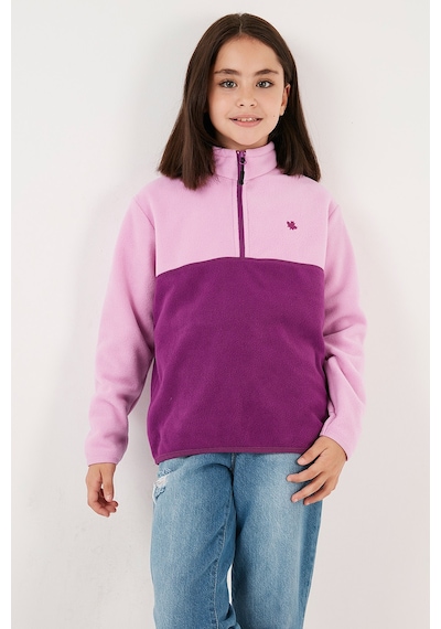 Lela Yumuşak Dokulu Yarım Fermuarlı Renk Bloklu Dik Yaka Unisex Çocuk Polar 5905004 Şeker Pembe-Mor