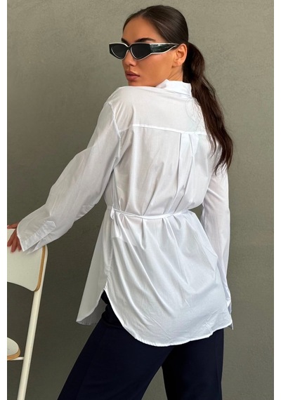 Madmext Beyaz Belden Bağlamalı Oversize Cepli Gömlek Mg2798