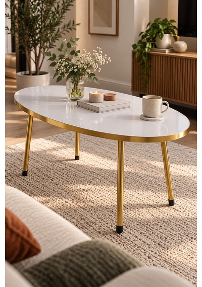 Sulorahome Gold Metal Oval Orta Sehpa Beyaz Altın - Beyaz