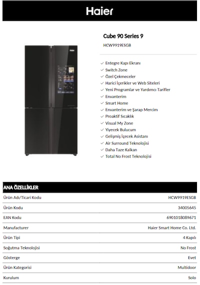 Haier HCW9919ESGB Gardırop Tipi No Frost Buzdolabı