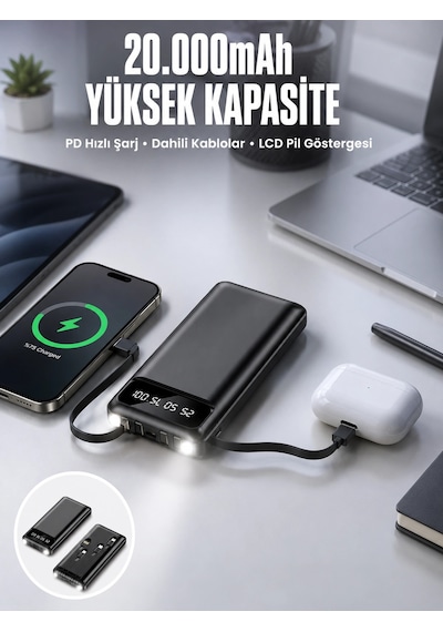 Powerbank 20.000 Mah Dijital Göstergeli Lcd Ekran Uzun Pil Ömrü Yeni Nesil Najmaddin