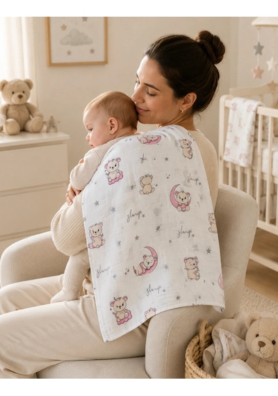 Minora Baby&Kids %100 Pamuk Müslin Bebek Örtüsü Çok Amaçlı Müslin Battaniye - 100 x 100 CM Pembe Ayı
