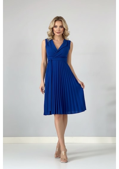 Defymoda Kadın Plise Detaylı Kuşaklı Modern Elbise Mavi