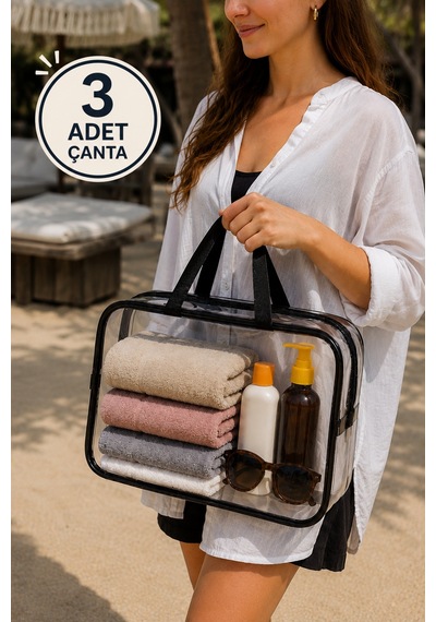 Modalarge Büyük Boy Şeffaf Plaj Çantası 3lü Set Islak Bikini Çantası