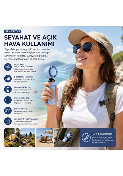 Katlanabilir El Tipi Mini Fan, 12000 Rpm Güçlü Hava Akışlı, 5 Kademeli Dijital Göstergeli, Type-c Şarjlı Taşınabilir Soğutucu Fan Diğer