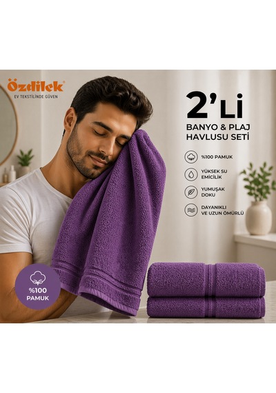 Özdilek Belda Plaj Havlusu 70x140 Cm %100 Pamuk Büyük Boy Yumuşak Havlu Yüksek Emici & Hızlı Kuruyan Deniz, Plaj, Havuz Havlusu Mor