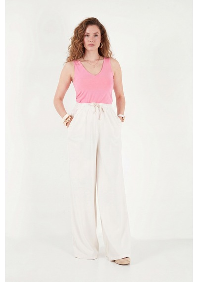 Lela Pamuklu Relaxed Fit Yüksek Bel Geniş Paça Pantolon Bayan Pantolon 668yp5559 Ekru