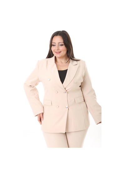 Modasehle Kadın Büyük Beden Dokuma Atlas Kumaş Pantolon Ceket Takım Elbise 10ctk1657 Bej
