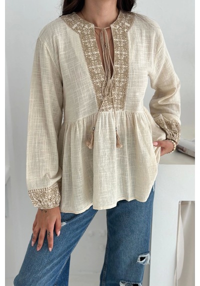 Asprin Fashion Etnik Desenli Bağlamalı Bluz Krem Asprin Fashion Etnik Desenli Bağlamalı Bluz Krem