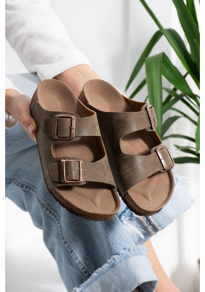 Stwenn Çift Tokalı Ortopedik Taban Terlik Unisex Günlük Rahat Kaymaz Taban Yazlık Sandalet Vizon