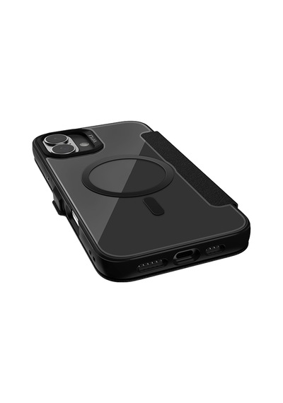 Apple Uyumlu iPhone 16 Kılıf Magsafe Vegan Deri Şeffaf Kartlıklı Raptic Urban Folio Serisi Kapak Siyah Siyah