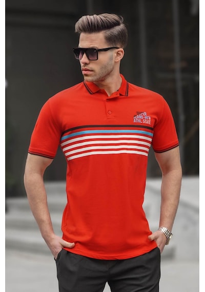 Madmext Kırmızı Çizgili Polo Yaka Tişört 5869-Kırmızı
