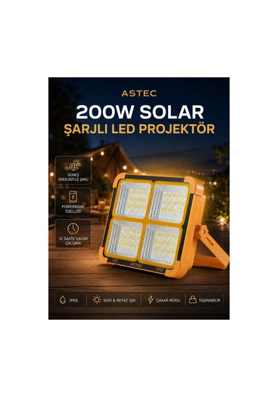 Astec Solar 200w Şarjlı Led Projektör Mıknatıslı Powerbank 4 Modlu Sarı Beyaz Çakar Taşınabilir Kamp Lambası