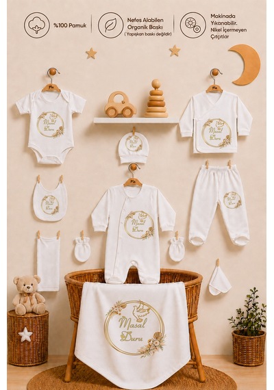 Pia Baby Kız Bebek Yenidoğan Hastane Çıkışı 10 Parça %100 Pamuk Organik Baskılı İsimli Set 1081103x Ekru