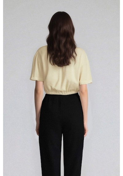 Defacto Cropped Fit Gömlek Yaka Keten Görünümlü Kısa Kollu Bluz C7799ax25sper135 Ekru