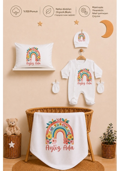 Pia Baby Kız Bebek Hastane Çıkışı 11 Parça %100 Pamuk Kişiye Özel İsimli Organik Baskılı Set 1023110x Ekru
