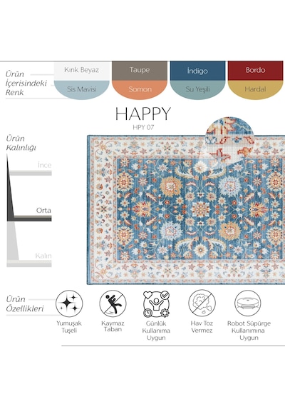 Cool Halı Happy Mavi Halı Vintage Klasik Çiçek Desenli Kaymaz Taban Eskitme Dekoratif Salon Halısı