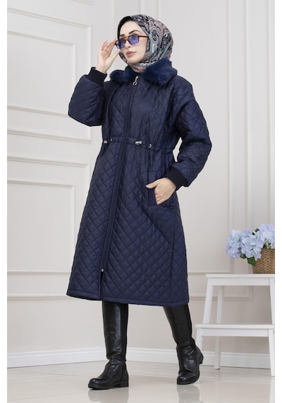 Yakası Kürklü Capitone Mont-lacivert-5564 Lacivert
