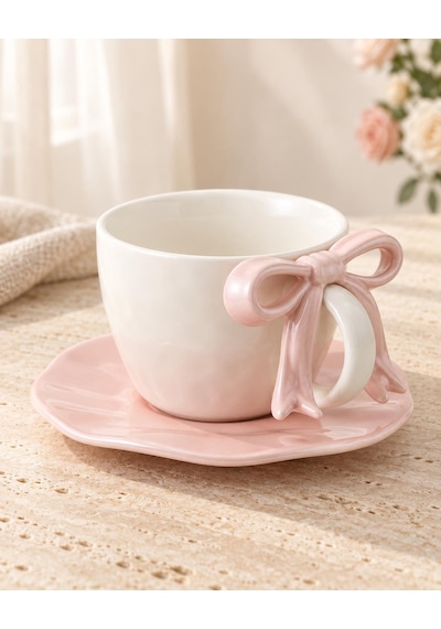 Valkyrie Ribbon Serisi 2 Parça 380 Ml Pembe Fiyonklu Tabaklı Çay Kahve Kupa Fincan Seti