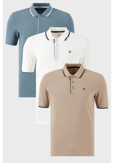 Buratti Pamuklu Slim Fit Şerit Detaylı Düğmeli Polo Yaka 3'Lü Paket Erkek T Shirt 5902118S3 Beyaz-Mavi-Vizon