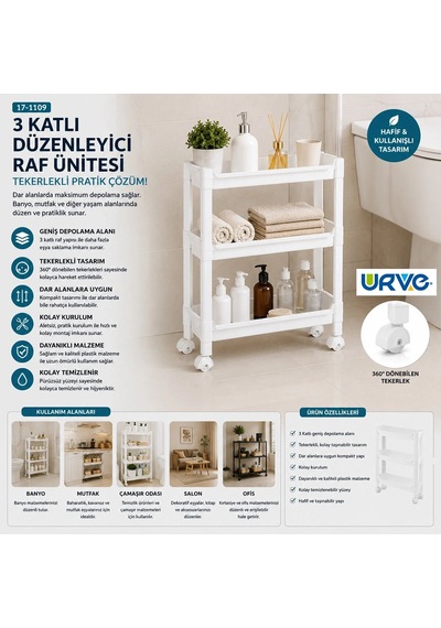 Orehome Rafty 3 Katlı Tekerlekli Dar Alan Düzenleyici Raf Ünitesi - Banyo Ve Mutfak İnce Servis Arabası 46,5x14,5x48 Cm Beyaz
