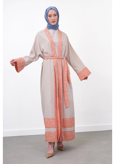 Pureva Garni Detaylı Kuşaklı Keten İkili Kimono - Bej/oranj Çok Renkli