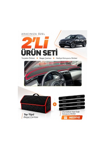 E-biz Hyundai Tucson 2021-2024 Uyumlu Torpido Örtüsü + Tay Tüyü Çanta - Siyah-kırmızı - Hu037