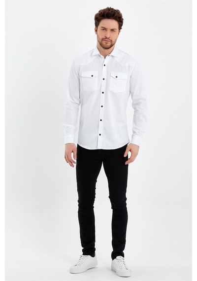 Cool Tarz Erkek Beyaz Çift Cepli Çıt Çıt Düğmeli Slim Fit Kot Gömlek Beyaz Beyaz